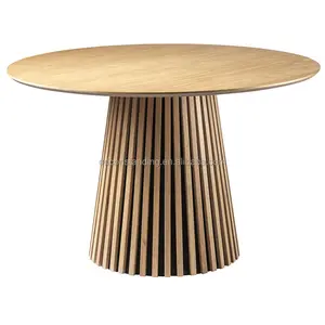 OEM ODM Factory Customized Popular Style Modern Natural Color Solid Wood Top Slatted Base Dining Table Round Dining Table