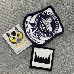 Customizable Embroidered Woven Patches In Damask Design Overlocked With Sustainable Canvas Fabric