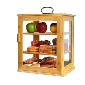 Rack de empacotamento de 3 camadas, prateleira de bambu para armazenamento de alimentos com tampa e caixa de pão, transparente removível