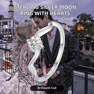 S925 Sterling Silver Small <b>Moon</b> <b>Ring</b> Zircon Bezel Set Fresh Micro-Inlaid Heart Pattern Foldable Design Trendy Romantic Wedding - Product Image 2
