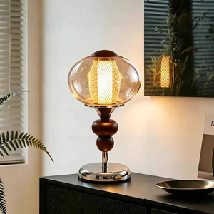 Lampe de table ronde en verre de style mid-century avec base en bois, lumière LED de chevet blanc chaud - Product Image 5