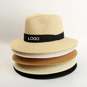 Toptan özel Logo yaz Panama Fedora hasır şapka geniş ağız plaj güneş hasır şapka kadın ve erkekler