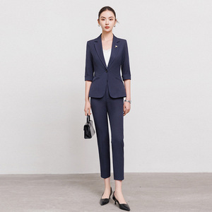 Women's Navy Blue Suit Set Three Quarter Sleeve Anti-Wrinkle Office Lady Formal Business Wear Autumn Season - Product Image 1
