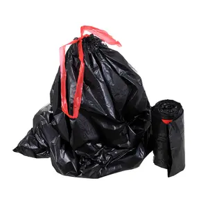 Custom printed black plastic disposable bag drawstring garbage bags for trash can garbage bin refuse sacks on roll