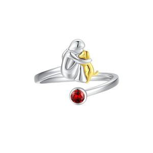 Anillo Abierto de Plata de Ley 925 con Circonita Roja Redonda, Diseño de Perro y Niña, para Amantes de Mascotas - Product Image 1