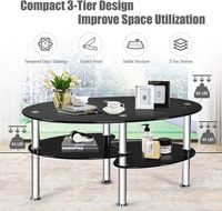 Nouveau Design 2026 Quantité Minimale de Commande 30 Pièces 2026 Vente Chaude Table Basse Ovale Moderne à 3 Niveaux Plateau en Verre Pieds en Acier Rangement Ouvert pour Salon