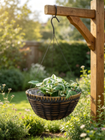 Panier suspendu pour plantes en ciment brun foncé, style américain, sculpté à la main, bord tressé triangulaire, 3 crochets métalliques, pour intérieur, extérieur, jardin