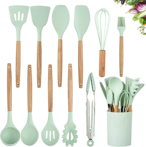 <b>Silicone</b> Durable Kitchen Utensil Set Wooden Handles 12-Piece Multi-Color Box Modern Minimalist Design Custom Logo Option - Product Image 1