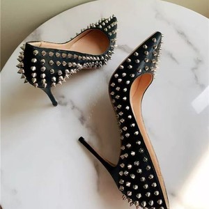 Scarpe da Donna in Pelle Verniciata Nera <span class=keywords><strong>con</strong></span> <span class=keywords><strong>Borchie</strong></span> Argento, <span class=keywords><strong>Tacco</strong></span> a Spillo, Punta Affusolata, Suola in PU, Taglie Grandi, Vendita Diretta dalla Fabbrica - Product Image 2