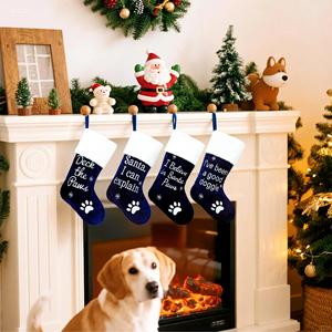Calcetín Navideño de Terciopelo Azul Marino de Lujo con Pata de Perro Bordada, Bolsa de Regalo Navideña Divertida para Mascotas, Decoración para Árbol de <span class=keywords><strong>Navidad</strong></span> - Product Image 4