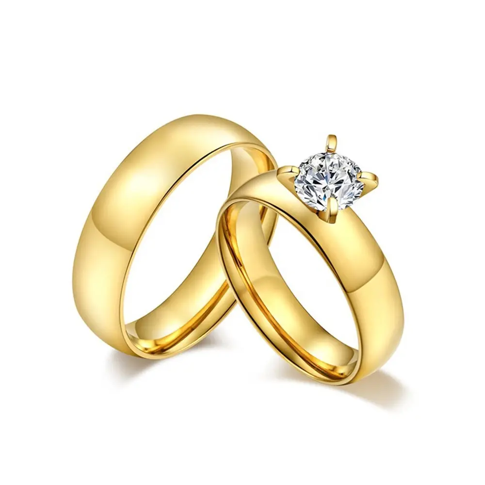 Anelli di promessa di coppia in oro 18 carati con fidanzamento in oro massiccio con anello di diamanti solitario