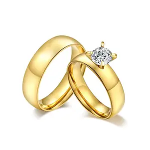 Perhiasan Pernikahan Pertunangan Emas Padat 18K, Cincin Pasangan Emas dengan Cincin Berlian Permata