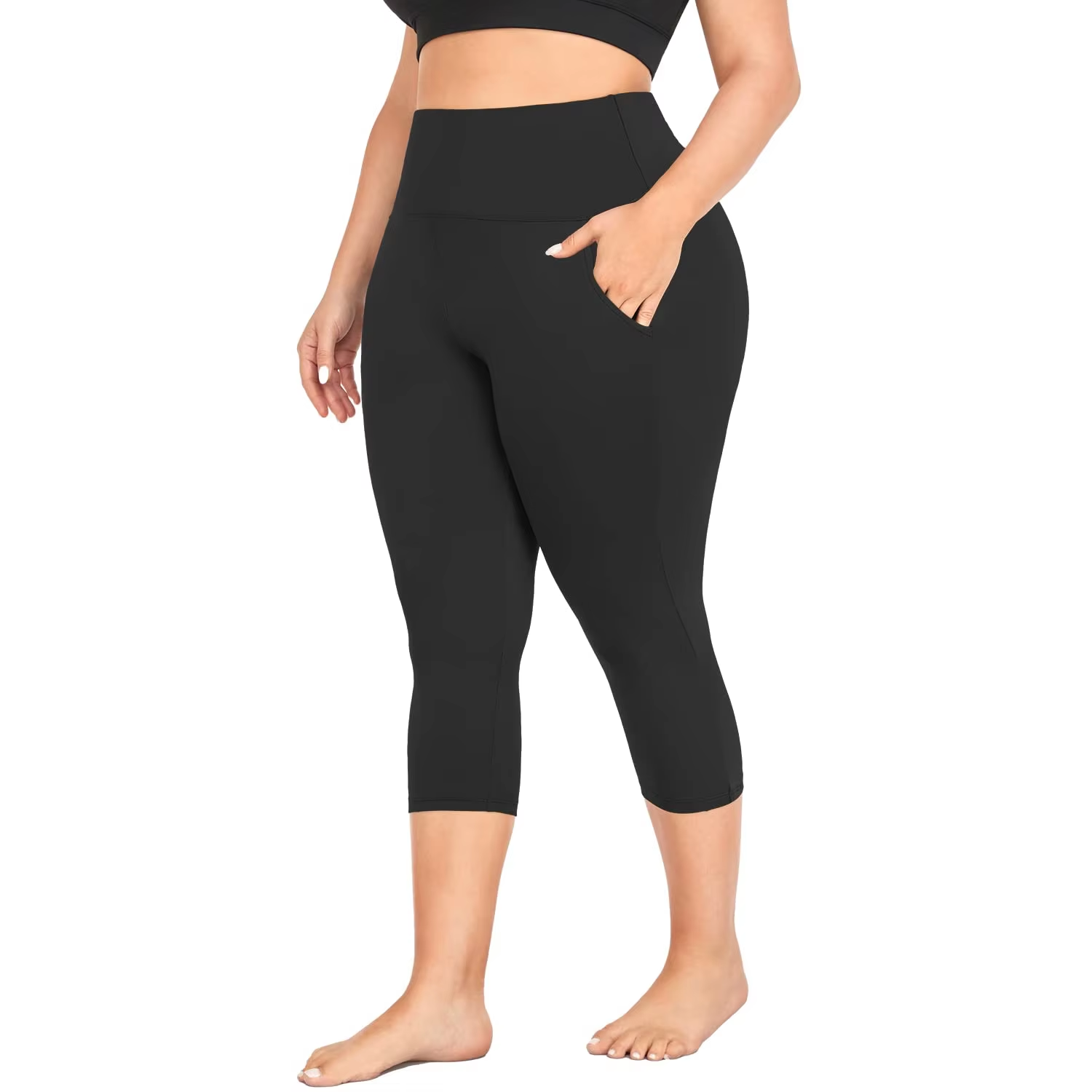 POVTY Custom Printed Logo Women's Plus Size High Waist Capri Leggings with Pockets Tummy Control Yoga Pants for Athletic Workout