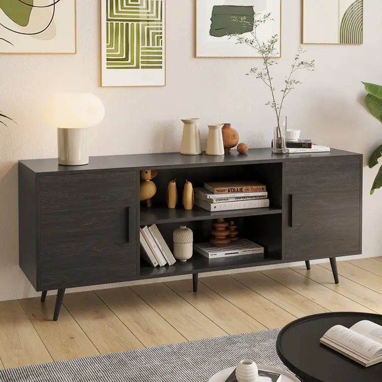 Atacado Moda TV Gabinete Sala Móveis Elegante TV Stand com Grão de Madeira Black Console Table