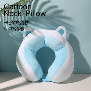 Oreiller de voyage et de bureau en forme de U avec oreilles de chat de dessin animé, bleu, rose, gris, vert, jaune, tailles 28x26x14cm, polyester - Product Image 1