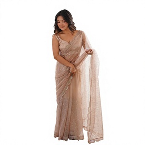 TENNECY Sari traditionnel pour femme, en tissu résille lourd et doux, brodé de fils et de sequins, réversible, extensible, longueur ras du sol, pour mariage et Diwali - Product Image 1