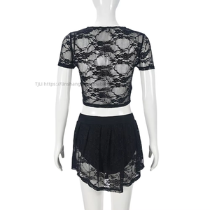 New <b>Lace</b> High <b>Elastic</b> Hollow Out Navel Short Sleeve Short Skirt Pants Women's Sexy 2-piece Set Fashion - Product Image 6
