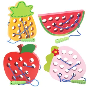 Montessori bağlama meyve threading oyunu erken eğitim bebek beyin düşünme ahşap dantel threading oyuncaklar
