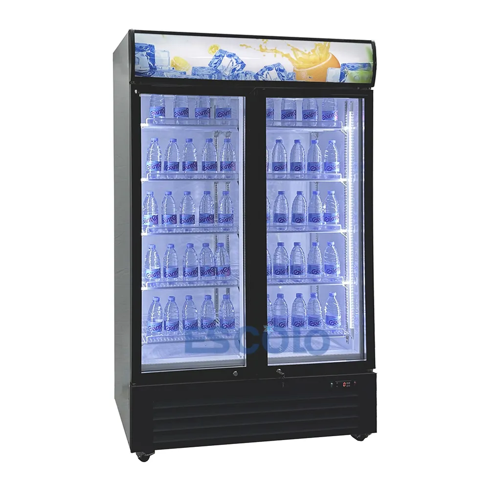 Refrigerador comercial de bebidas frías con pantalla de vidrio de doble puerta con tecnología FrostFree y sistema de refrigeración por ventilador