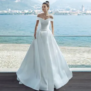 Лучшее французское атласное свадебное платье-футляр по индивидуальному заказу, платья больших размеров с открытыми плечами, платье с коротким рукавом и карманами
