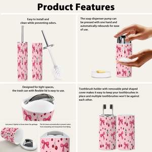 6-Piece Boho Chic <b>Bathroom</b> <b>Accessories</b> <b>Set</b> Cherry Ribbons & Bow Coquette Girly Seamless Pattern Print Square Shape Home Decor - Product Image 4