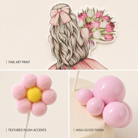 12pcs Set Dekorasi Kue Ulang Tahun Pink untuk Wanita, Figur Wanita 3D, Bola Bunga Plush, Perlengkapan Pesta