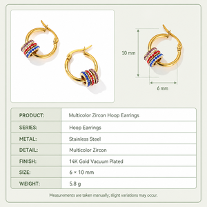 Boucles d'oreilles créoles multicolores en zircon, en acier inoxydable plaqué or 14 carats sous vide, avec anneau d'espacement en cristal, bijoux - Product Image 4