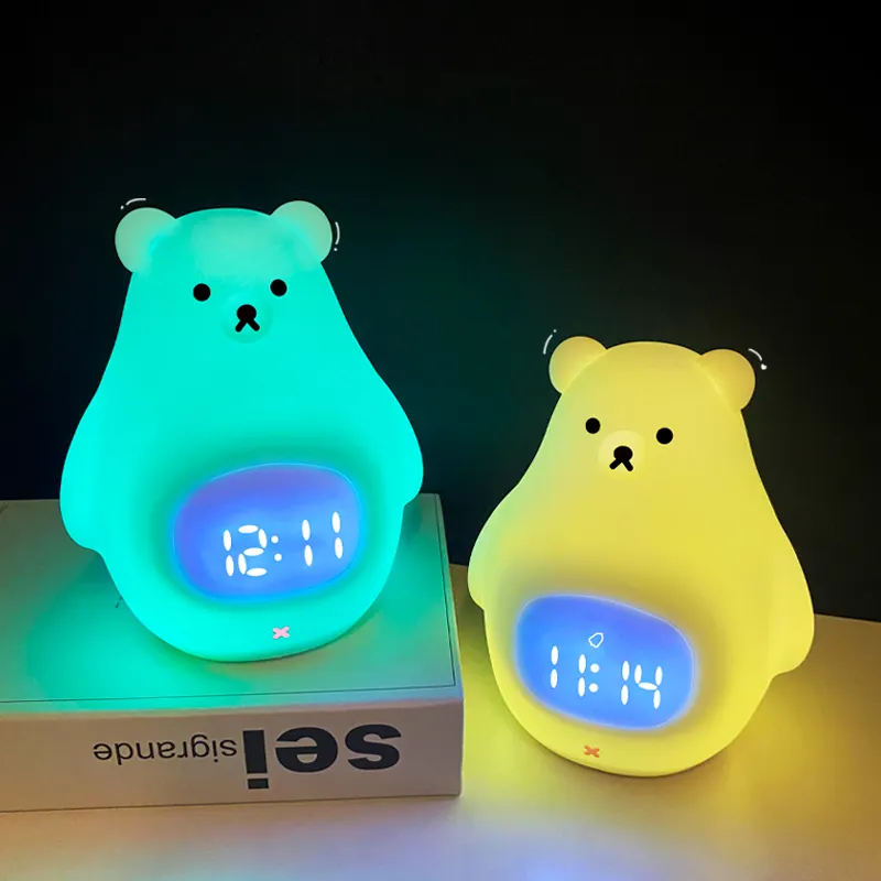 Remote Control 7 Colors Children Silicone Cute Alarm Clock Bear Night Light for Kids Birthday Gift Bedroom Room Decor