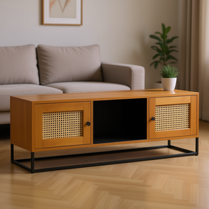 Meuble TV en bois de manguier massif avec accents en rotin naturel et en fer, taille moyenne, pour salon - Product Image 2