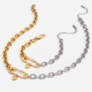 Collar de cadena con bloques de color dorado y plateado, con colgante de corazón y circonita, joyería de moda, regalo para mujer - Product Image 1