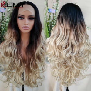 Perruque synthétique KEMY HAIR Burg résistante à la chaleur, ondulée naturelle, avec dentelle frontale, sans colle, avec raie au milieu, noire, pour femmes - Product Image 2