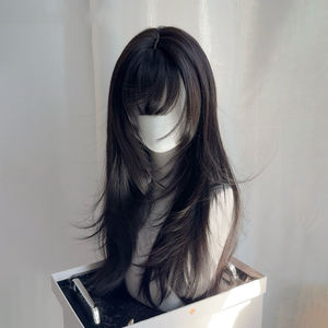 Perruque longue et droite de style japonais avec frange latérale, densité 130, fibre Kanekalon, ligne de cheveux naturelle, couvre-tête complet - Product Image 4