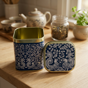 Contenedor de Alimentos de Acero Inoxidable Estilo Oriental, Rectangular con Tapa, Caja de Almacenamiento con Diseño Floral Azul - Product Image 3