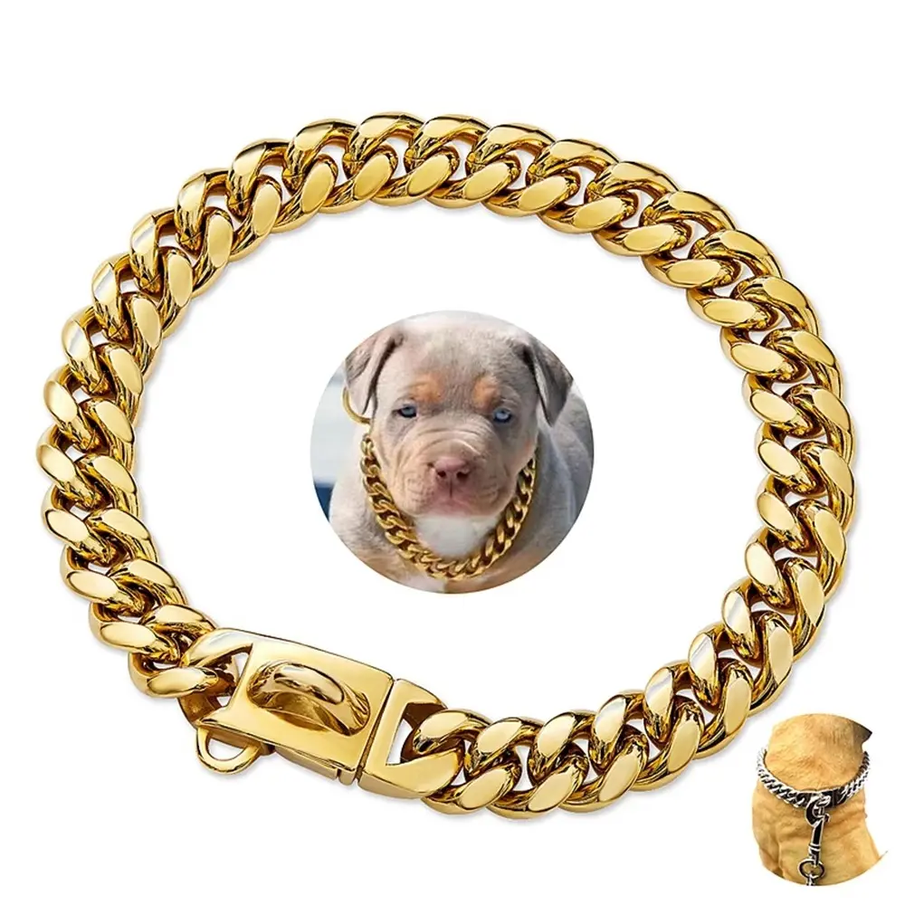 Catena di lusso in acciaio inossidabile collare personalizzato di design in oro con fibbia per cani collare e guinzaglio per cani in metallo dorato