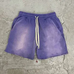 Custom Unisex Sweat Shorts Raw Edge French Terry Fleece Heavy Cotton Casual Gym Running Vintage Acid Wash Shorts For Men