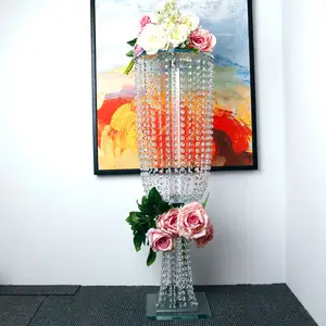 Cheap tall glass flower stand design wedding candelabra crystal centerpieces tree table decoration with hanging crystals on sale