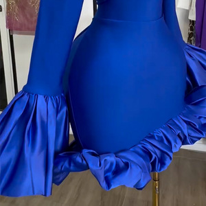 Abito a vita alta da donna con collo alto, <span class=keywords><strong>rosso</strong></span>, <span class=keywords><strong>midi</strong></span>, con volant, sexy e chic, per feste primaverili - Product Image 4