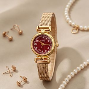 Reloj de pulsera pequeño y redondo para mujer, estilo retro con diseño de espiga de trigo, reloj de cuarzo de alta gama. - Product Image 4