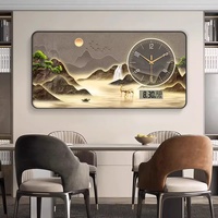 Nouvelle horloge murale LED de style chinois avec calendrier et température, motif cerf de montagne, cadre noir en PVC pour la maison, l'hôtel, le restaurant