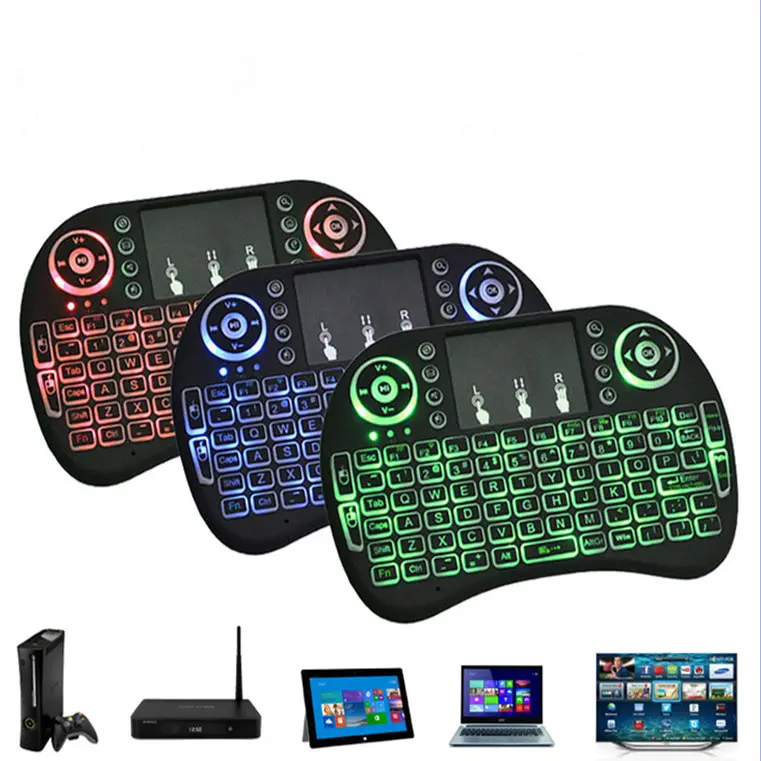 7 colori Retroilluminato I8 Mini Tastiera Senza Fili 2.4ghz Inglese Russo 3 Colore Air Mouse Con Touchpad Telecomando Android tv Box