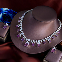 Parure de bijoux de mariée de luxe en zircon cubique violet, design carré, pour femme, accessoires de robe pour anniversaire et fête de mariage, vente en gros