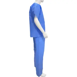 ชุด MOQ-1ขัด PPE ใช้แล้วทิ้งชุดขัดทางการแพทย์แบบไม่ทอชุดแขนสั้นพร้อมกางเกงโรงพยาบาล