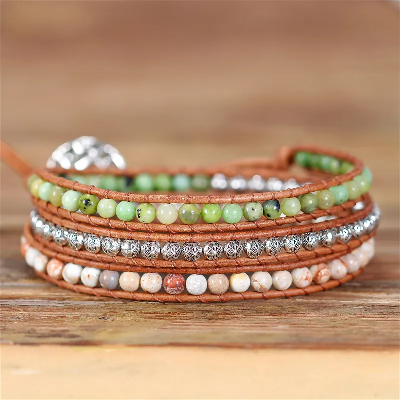 YueTong Boho Vintage Natural Stone Beaded Wrap Bracelet Yoga Multi strands beads Leather Bracelet High End Jewelry Wholesale