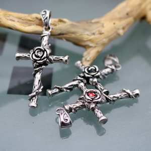yunnique Stainless Steel Cross Pendant With Rose Design Bezel Setting For Gift <b>White</b> Red Black Diamond Options - Product Image 1