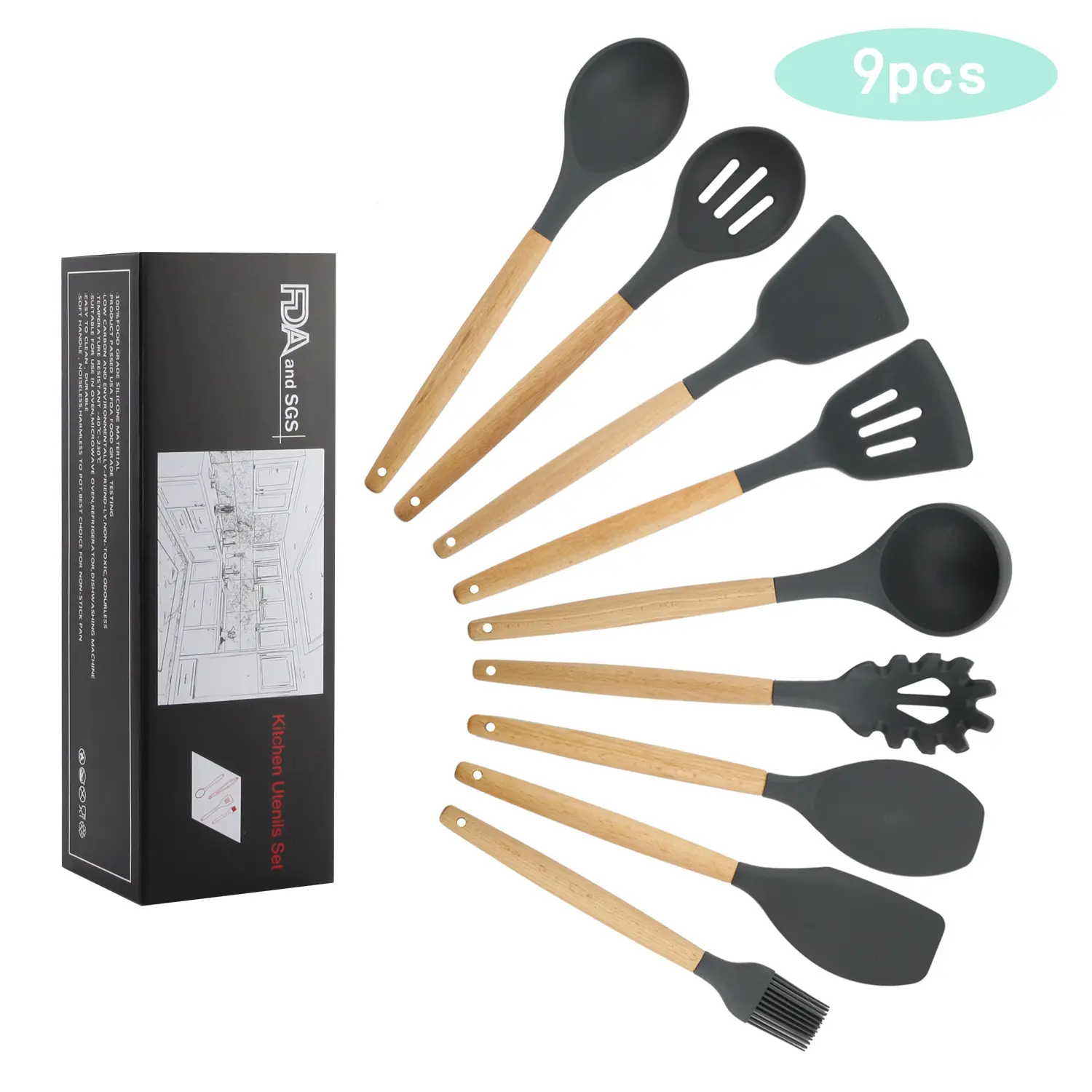 Espátula de silicone para cozinha, utensílio de madeira para cozinhar, colher e utensílios de salada, conjunto antiaderente de 11 unidades