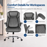 Chaise de bureau exécutive rembourrée avec appui-tête fixe, coutures en losange, accoudoirs rabattables et base chromée pour bureau de travail