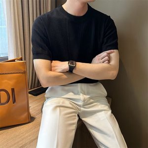 T-shirt blanc en tricot à manches courtes pour homme, coupe ajustée, couleur unie, vêtements d'été pour jeunes - Product Image 4