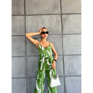 Elegante Mono Verde con Estampado Blanco, Cuello en V, Tirantes, Cintura Alta, Sin Mangas, Satinado, Ropa de Calle Moderna para Mujer, Transpirable - Product Image 1