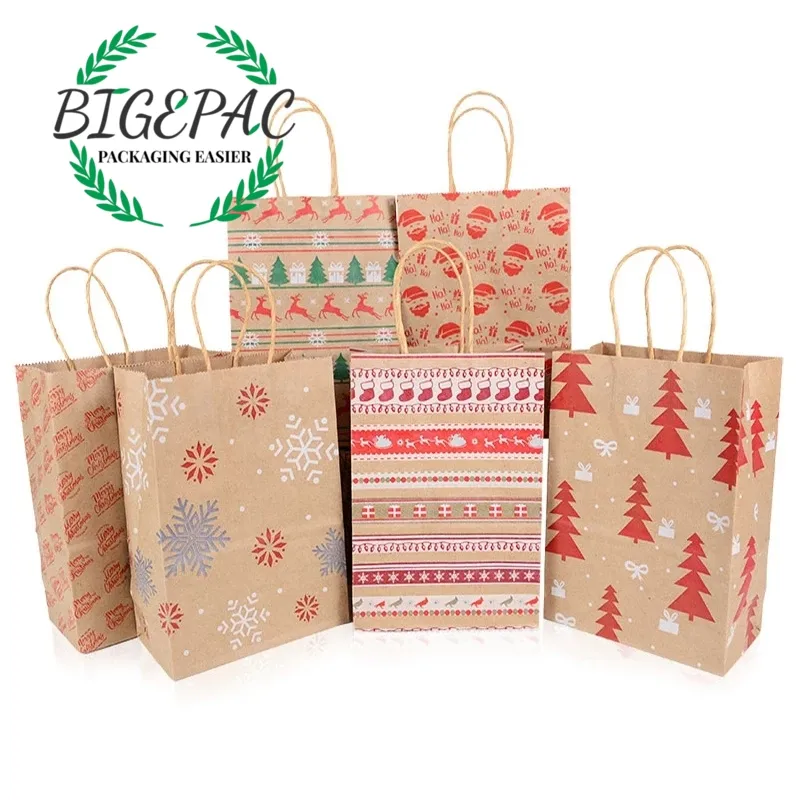 Eco Friendly Christmas Paper Gift Bags Santa Claus Snowflake Dot Cartoon Stripe Xmas Tree Candy Biscuit Bag for Christmas