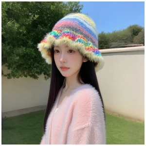 Chapeau bob à volants style peinture à l'huile, rayé, color-block, inspiré de la dopamine, en tricot chaud pour <span class=keywords><strong>femme</strong></span>, idéal automne-hiver - Product Image 5